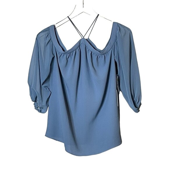 NWT 1. State Off Shoulder Strappy Balloon Sleeve Blouse in Porcelain Blue - Picture 2 of 2